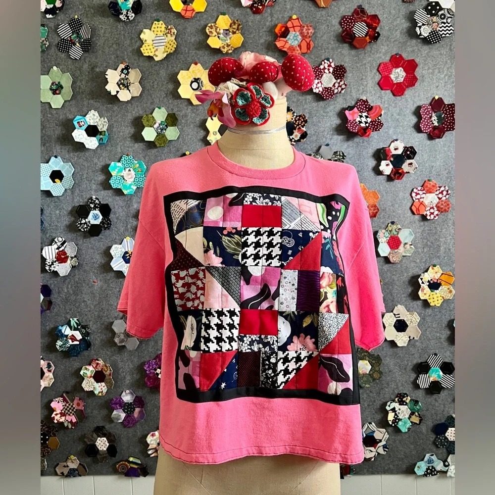Neon Pink Bright Patchwork Crop Tee - Picture 1 of 16